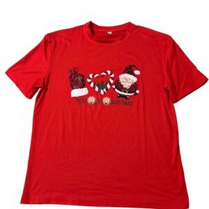 Peace Love Christmas Red Graphic T-Shirt Santa Gnome Plaid Size M Holidays Xmas